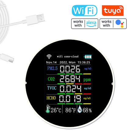 Round digital air quality monitor with display on a white background, featuring Tuya and Alexa logos.