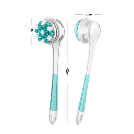 Turquoise and clear handheld scrubber with measurements on a white background