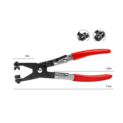 A pair of red-handled metal wire stripping pliers shown on a white background with dimension lines indicating 40mm, 130mm, and 215mm, plus two small circular inset views at the top right.