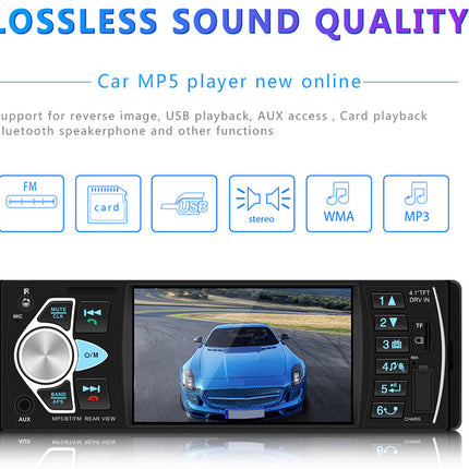 A car MP5 player dashboard display screen showing a blue sports car on a road, with a black control panel featuring a rotary dial, buttons, and icons for FM, card, USB, stereo, WMA, and MP3. The image includes marketing text at the top reading 'LOSSLESS SOUND QUALITY' and 'Car MP5 player new online'.