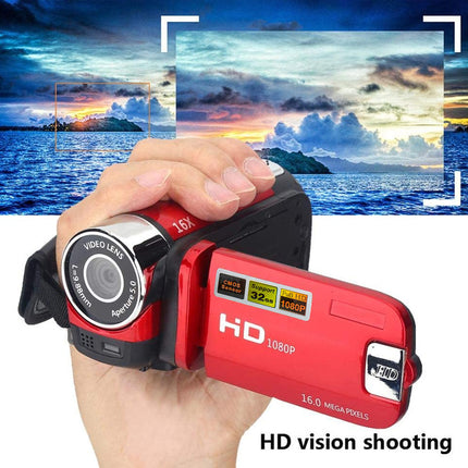 A hand holding a red and black digital video camera in front of a scenic ocean sunset image, with text reading 'HD vision shooting' and '1080P'.