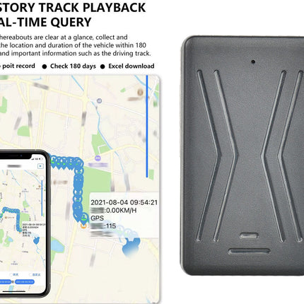 GPS tracker device with smartphone app showing location data on a map