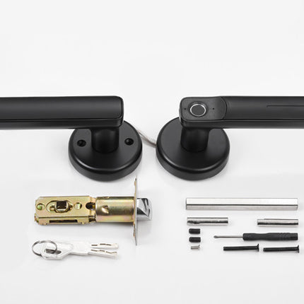 Black electronic smart lever door handles with a disassembled brass lock cylinder, key, screws, and tools displayed on a clean white background.