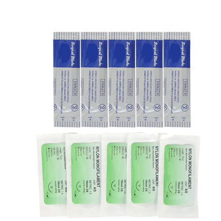 Set of medical packages with blue and green labels on a white background