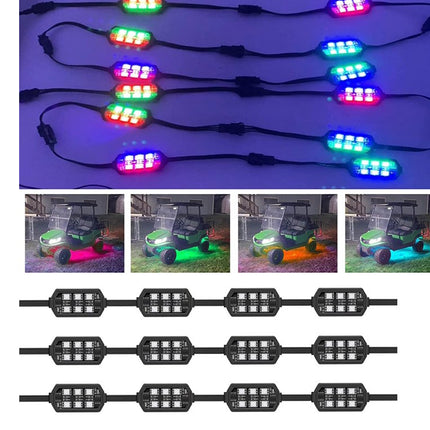 A set of 12 black LED light strips for golf carts, shown both illuminated in a purple-lit demonstration view and unlit. The top section shows the strips glowing with multiple colors (red, green, blue, purple) attached to golf carts in a backyard setting, demonstrating their use.