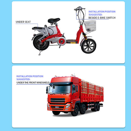 Two images showing a red electric bike and a red truck on a blue background.