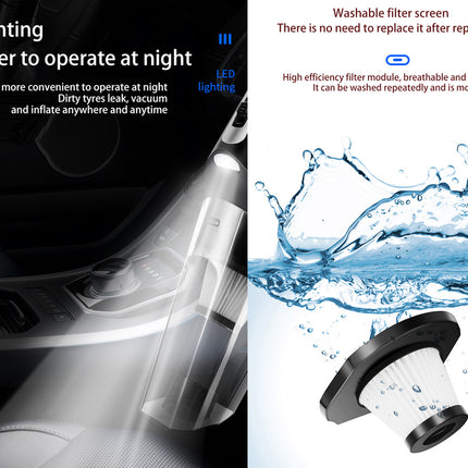 A split promotional graphic for a car interior light replacement kit. The left half shows a car console with a flashlight-style light beam and text about LED lighting.