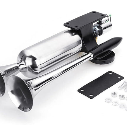 A two-tone chrome metal horn assembly with a black mounting bracket and included mounting hardware, shown on a clean white background.