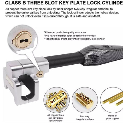 Class B three slot key plate lock cylinder with a copper-plated body, black handle, and close-up inset showing the keyway. The image includes explanatory text and three circular detail callouts on a white background.