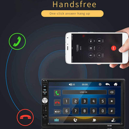 Handsfree car stereo system shown with a smartphone displaying a call interface and a double-din touchscreen head unit. A hand is holding the phone, and call icons are illustrated on a dark background with the words 'Handsfree' and 'One-click answer hang up'.