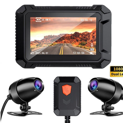 Car dashboard camera with dual lenses and screen displaying a scenic road.