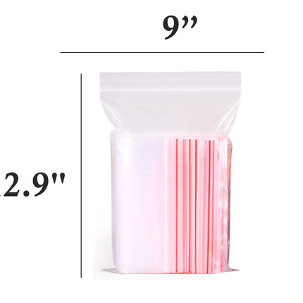 Clear plastic bag with dimensions labeled on a white background