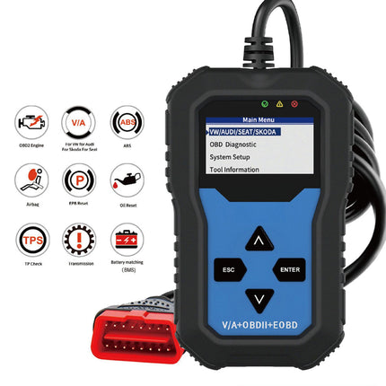 Car diagnostic tool with display and connectors on a white background