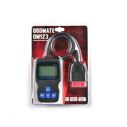OBD-Mate OM123 diagnostic scanner in its original blister packaging, featuring a black handheld unit with blue buttons and a black cable with a red connector, on a white background.