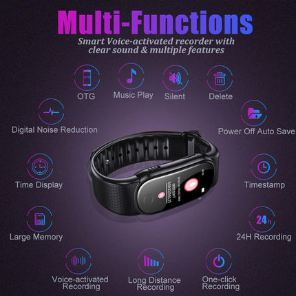 A black smart voice-activated tracker bracelet centered on a dark purple background, surrounded by labeled feature icons such as OTG, music play, silent mode, delete, digital noise reduction, time display, large memory, voice-activated recording, long distance recording, one-click recording, 24-hour recording, and power off auto save.