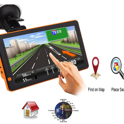 GPS device with a hand pointing at it, surrounded by icons for map and search functions on a white background.