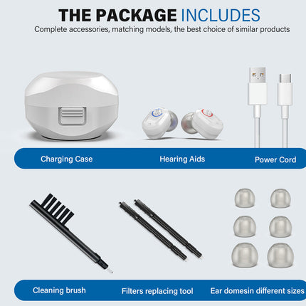 Package contents including charging case, hearing aids, power cord, cleaning brush, filters replacing tool, and ear domes on a light blue background.