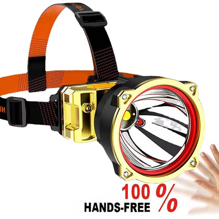 Headlamp with a hand indicating '100% hands-free' on a white background