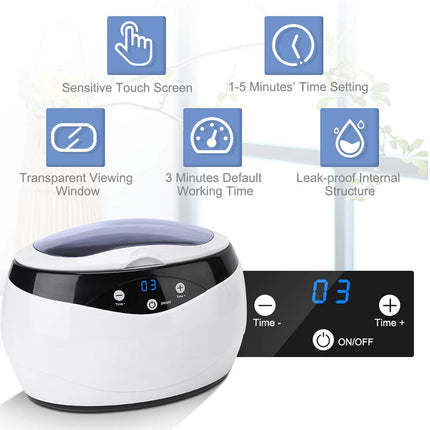 White ultrasonic cleaner with digital display and control panel on a white background