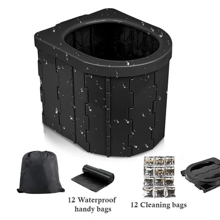Black plastic collapsible trash can with a square opening, shown on a white background with included accessories: a black drawstring bag, a rolled black bag, a pack of 12 cleaning bags, and a black lid. Text labels indicate waterproof handy bags and cleaning bags.
