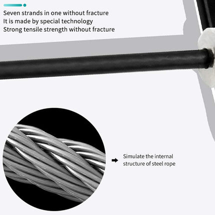 Black cable with text about its strength and structure on a white background