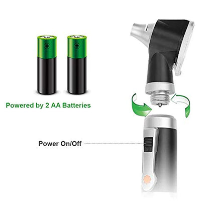 A handheld medical-style device shown on a white background with two AA batteries and text reading 'Powered by 2 AA Batteries' and 'Power On/Off'. The image includes arrows indicating rotation and a power switch detail.