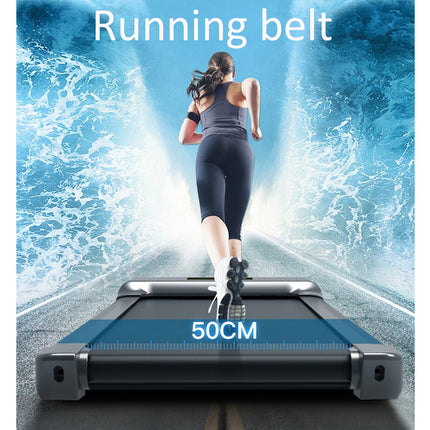 Woman running on a treadmill with a 50CM running belt against a water-themed background