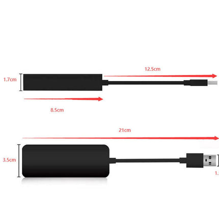 Measurement chart of a black USB adapter with labeled dimensions on a white background