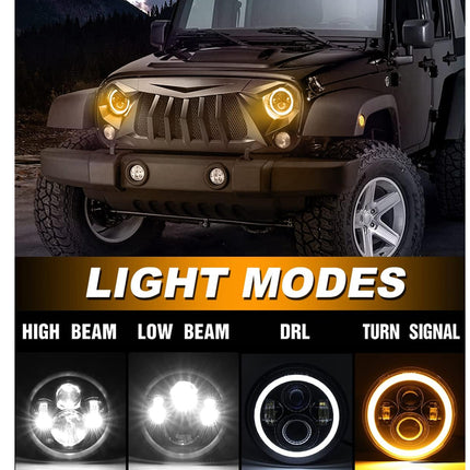 Jeep with headlights showing different light modes on a dark background