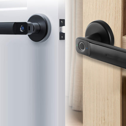 A modern black smart door handle with an integrated camera is shown mounted on a white door on the left and on a light wood door on the right.