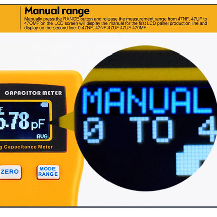 Capacitor meter with digital display showing 'Manual' range setting on a white background.