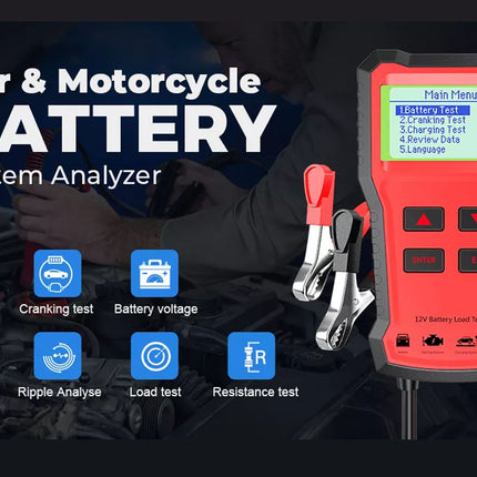 Car and motorcycle battery system analyzer with display and clamps on a dark background