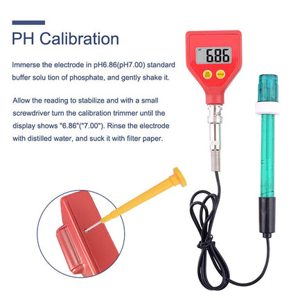 Digital pH probe meter with a red housing, LCD display, and green electrode, shown with instructional text about pH calibration and a yellow cleaning tip on a white background.