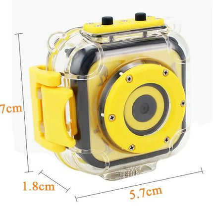Yellow and black waterproof camera housing with clear plastic cover, shown with dimension lines and labels indicating 5.7cm height/width and 1.