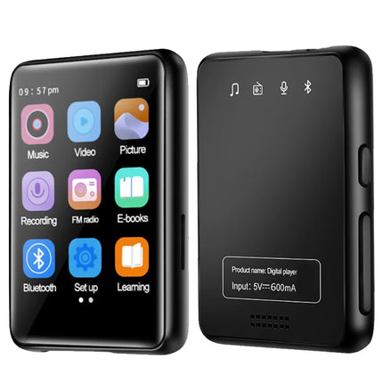 Black digital portable media player shown from the front and back on a white background, featuring a colorful screen interface on the front and simple icons on the back.