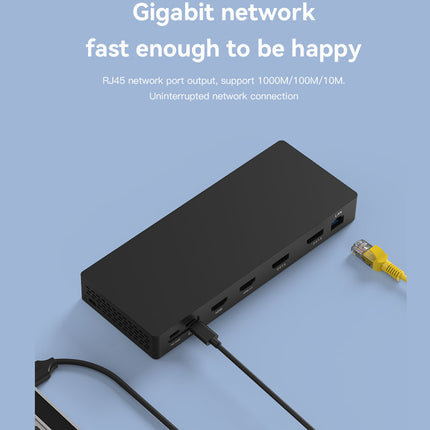 Network hub with cables on a blue background
