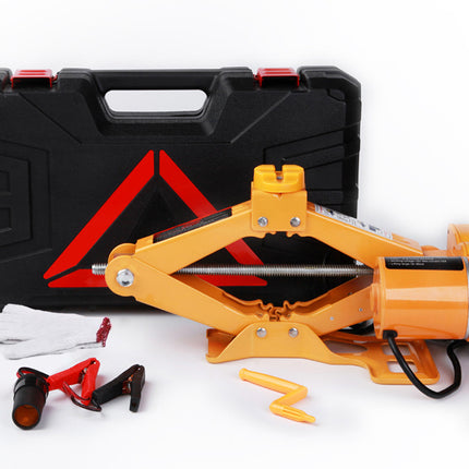 Yellow car jack with black carrying case and tools on a white background