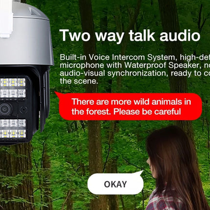 Camera with two-way talk audio feature in a forest setting