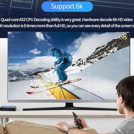 A man sits on a couch holding a remote, watching a large TV displaying a skier in a snowy mountain scene. Text at the top says 'Support 6k' and describes 64-bit Quad-core A53 CPU decoding ability.