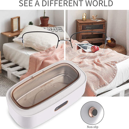 A white and rose gold automatic glasses sterilizer shown with a before-and-after style lifestyle inset of glasses on a bed, plus a circular inset labeled 'Non-slip'.