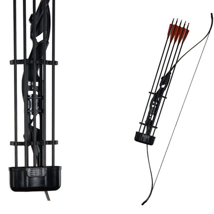 Black archery bow with arrows on a white background