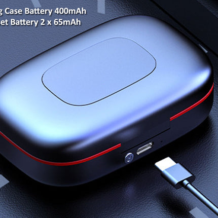 A metallic dark blue charging case with a red accent line, shown with a USB-C cable plugged in on a dark textured surface. Text in the top left reads 'Charging Case Battery 400mAh Headset Battery 2 x 65mAh'.
