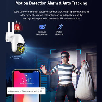 Motion detection alarm system with smartphone app interface on a dark background