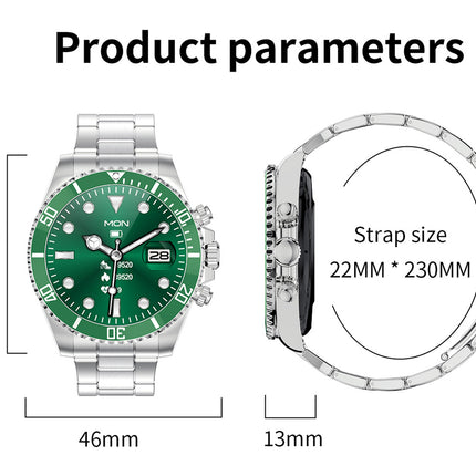 Product parameters diagram for a Nicon wristwatch, showing a silver-tone stainless steel watch with a green dial and bezel, alongside a side profile of the watch and strap measurements labeled 53mm, 46mm, 13mm, and strap size 22mm * 230mm.