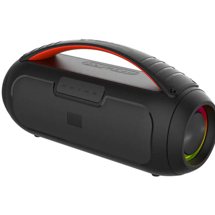 Black portable speaker with red accents on a white background