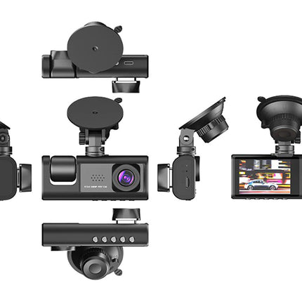 Multiple views of a black dashboard camera with various mounting options on a white background.