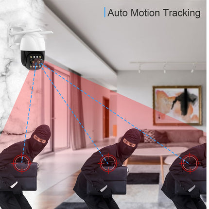 A security camera shown mounted on a wall in a modern living room, with overlaid text reading 'Auto Motion Tracking' and blue dotted lines connecting the camera to three masked figures crouching in front of the room. The image is demonstrating motion-tracking capability rather than presenting a clean standalone product shot.