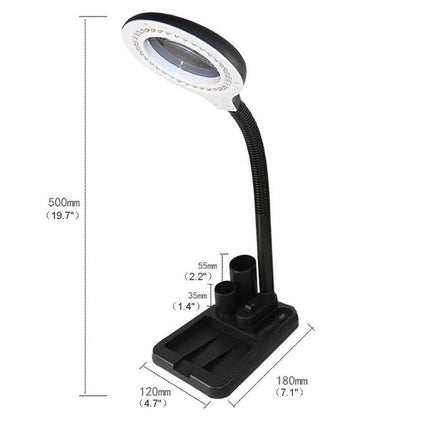 Black desk lamp with measurements on a white background
