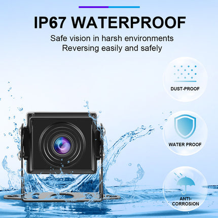Camera with water splashes and text highlighting IP67 waterproof rating on a light blue background