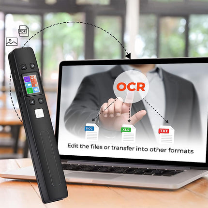 Scanner device next to a laptop with an OCR software interface on the screen.